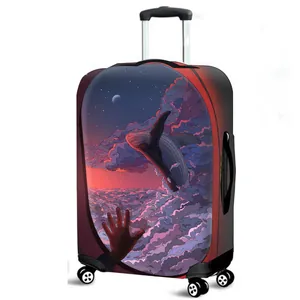 Suitcase cover with surreal whale and clouds illustration and durable swivel wheels