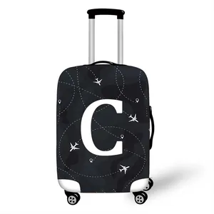 Elastic luggage cover with dark camouflage pattern and white airplane letter C design