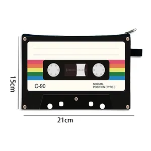 Retro cassette tape print cosmetic bag, spacious waterproof travel pouch 21x15cm