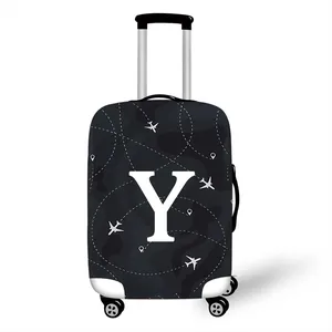 Camo travel luggage cover with white airplane icon and letter Y for elastic protection