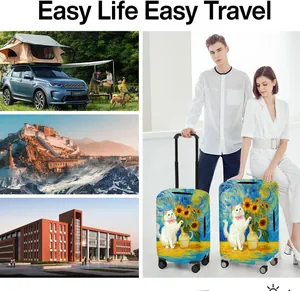Detailed luggage cover with impressionist oil painting cat and sunflower floral patterns