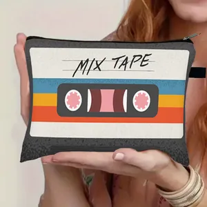 Retro cassette tape print toiletry bag with zipper and large capacity for travel
