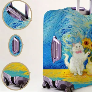 Elastic luggage cover featuring vibrant oil painting cat design with starry night patterns
