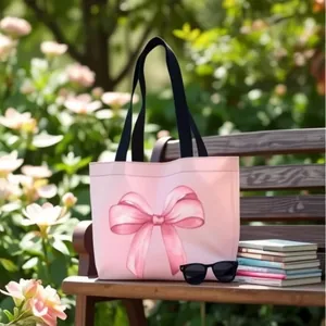 Sac Fourre-Tout en Toile Nœud Papillon Rose Grande Capacité Sac à Épaule Imprimé Cœur Carreaux Sac à Main Décontracté pour Femmes