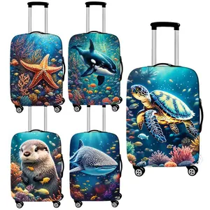 Elastic suitcase covers with colorful ocean animal prints like whales and sea turtles