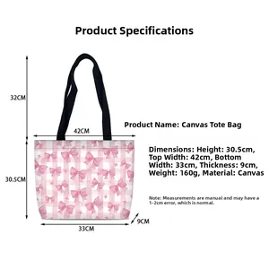 Spécifications de taille pour sac fourre-tout en toile à nœud rose avec dimensions détaillées