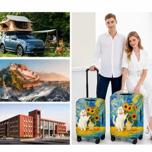 Elastic luggage cover featuring a Van Gogh style oil painting cat and sunflower design