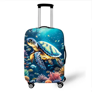 Detail of sea turtle and coral reef print on elastic suitcase protective cover