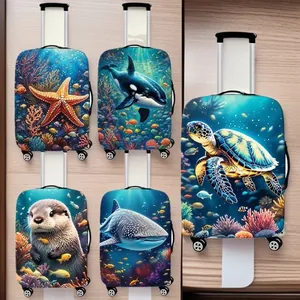 Elastic Luggage Cover Protector With Marine Life Ocean Animals Pattern Polyester Spandex Suitcase Cover For Travel Bags