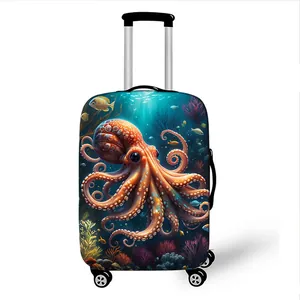 Elastic luggage cover with 3D sea world octopus print on black rolling suitcase