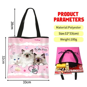 Sac à main rose en polyester avec motifs de chats mignons, dimensions 32x33 cm