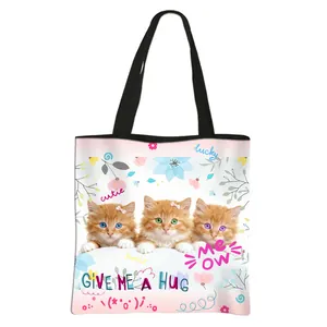 Sac fourre-tout rose mignon avec dégradé et motif de trois chatons en toile blanche