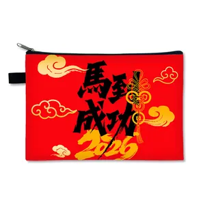 Red Year of the Horse canvas pouch with 2026 calligraphy and golden cloud design