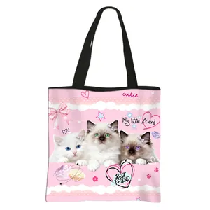 Sac à main rose en polyester avec imprimés chats mignons et anses noires pour femmes