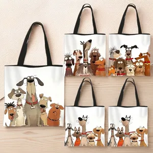 Women Large Capacity Polyester Tote Bag Cartoon Dog Print Shopping Shoulder Bag Reusable Eco Friendly Handbag Daily Use