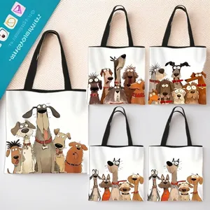 Women Large Capacity Polyester Tote Bag Cartoon Dog Print Shopping Shoulder Bag Reusable Eco Friendly Handbag Daily Use