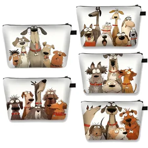 Set of five polyester makeup bags featuring humorous cartoon dog prints and black zippers