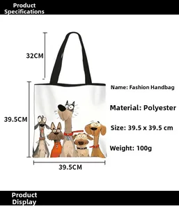 Polyester tote bag featuring cartoon dog print with detailed 39.5x39.5cm dimensions
