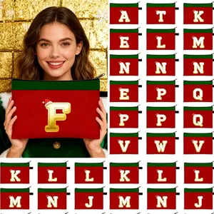 Trousse à Maquillage de Noël Grande Capacité en Polyester Imprimé Lettres pour Femmes Pochette de Rangement Cadeau de Vacances
