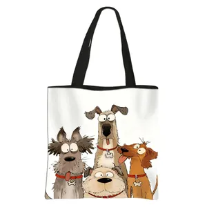 Minimalist white canvas tote bag with unique cartoon dog illustrations and black straps