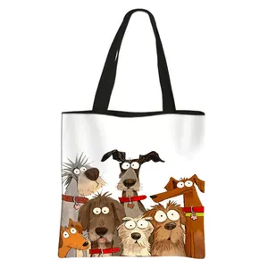 Large capacity polyester tote bag with colorful cartoon dog print and black handles