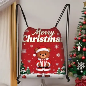 Christmas drawstring backpack with red cartoon bear print and Merry Christmas text decor