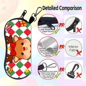Portable felt Christmas reindeer glasses case with secure zipper and carabiner hook