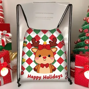 Christmas reindeer drawstring gift bag with festive holiday decor and Happy Holidays greeting