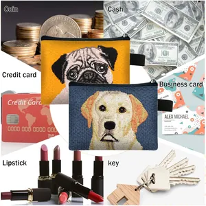 Cute embroidered dog head coin purse for cash, cards, keys and small cosmetics
