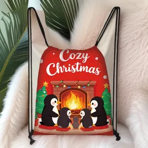 Christmas Drawstring Bag Large Capacity Polyester Gift Bag Cartoon Santa Reindeer Printed Holiday Party Favor Backpack
