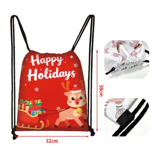 Detailed view of Christmas drawstring bag with reindeer print and size dimensions 32x38cm