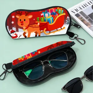 Christmas Cartoon Animal Print Eyeglass Bag Portable Sunglasses Case With Hook Zipper Soft Pouch For Reindeer Santa Snowman
