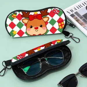 Christmas cartoon reindeer glasses case with festive red and green plaid and metal hook