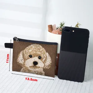 Cute brown teddy dog embroidery coin purse with zipper and side loop, size 13.5x11cm
