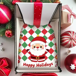 Christmas drawstring gift bag with Santa Claus cartoon pattern and Happy Holidays text