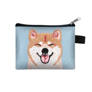 Cute Shiba Inu embroidered light blue zipper coin purse with portable hanging loop