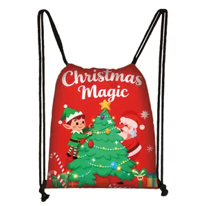 Large Christmas drawstring gift bag with festive Santa and tree cartoon prints