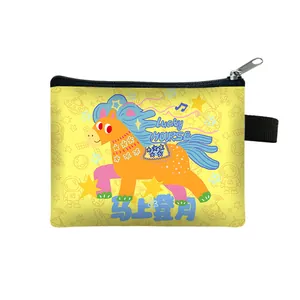 Yellow canvas coin purse with Lucky Horse cartoon pattern and moon astronaut print
