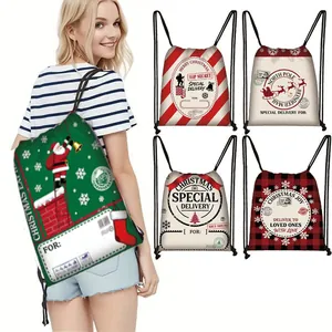 Christmas Reusable Polyester Drawstring Bag Holiday Storage Backpack Portable Santa Reindeer Pattern Festive Sack Gift Bag