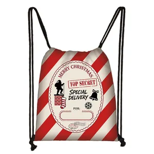 Reusable Christmas polyester drawstring backpack with red white stripes and festive Santa print