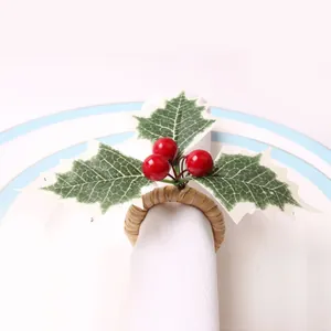 Christmas Napkin Rings With Artificial Red Berries And Green Holly Leaves For Holiday Dinner Party Table Decoration Home