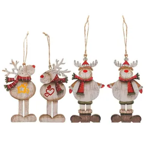 Set de 4 adornos navideños creativos de madera con forma de reno y bufandas rojas para colgar