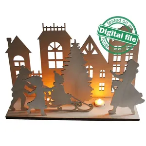 Silueta de madera de pueblo navideño nórdico con velas LED para decoración festiva
