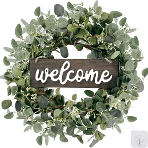 Guirlanda de Eucalipto Artificial Con Letrero de Welcome Placa de Madera Rama de Olivo Verde Bayas Corona para Puerta Pared Hogar Decoración