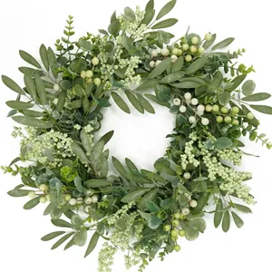 Grande Couronne d'Eucalyptus Artificielle Avec Baies Blanches Et Feuilles d'Olivier Pour Porte d'Entrée Maison Mariage Décoration Printemps Été