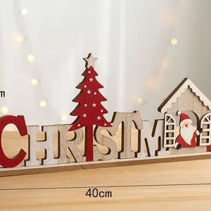 Decoración navideña de madera de 40cm con letras rojas y casa de Papá Noel
