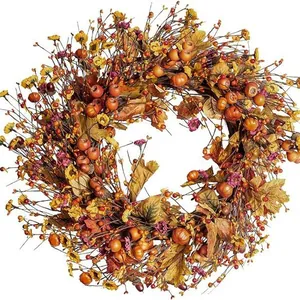 Autumn Harvest Wreath For Front Door Thanksgiving Halloween Decoration With Pumpkin Maple Leaf Berry Flower Vine Base