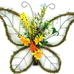 Spring butterfly door wreath with woven rattan frame and colorful floral accents