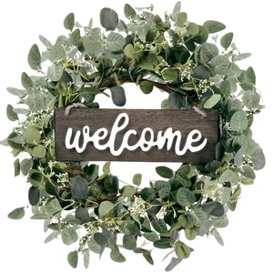 Corona de eucalipto con letrero Welcome de madera para decoración de primavera y verano