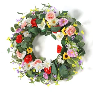 Spring summer wildflower wreath with faux daisies peonies and eucalyptus leaves for front door